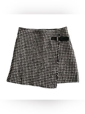 Zara Buckle Detail Black & White Houndstooth Tweed Wrap Skirt Girl's Size 11-12